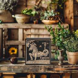Capricorn Zodiac Engraved Birch Wood Panel - Block Print Style Wall Art, Astrology Sign Illustration, Astrological Decor Gift - thumbnail 1