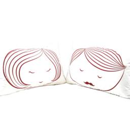 Red Print On White Cotton Girl Face Rectangle Pillow - thumbnail 4