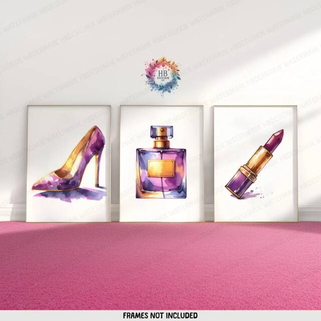 Teen Girl Bedroom Prints - Set Of 3 Posters - Purple Girls Room Decor Make Up Station Wall Art Perfumes Artwork Print A4 - image 1
