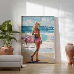 Surf Girl Poster Beach Wall Art, Surfing Print, Coastal Decor, Ocean Painting Summer Artwork, Tropical Sea Surfer Canvas Style - thumbnail 3