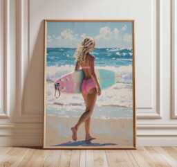 Surf Girl Poster Beach Wall Art, Surfing Print, Coastal Decor, Ocean Painting Summer Artwork, Tropical Sea Surfer Canvas Style - thumbnail 1