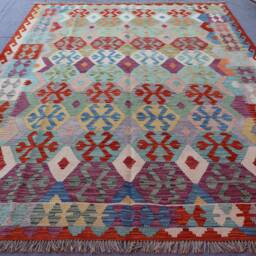 7x10 Afghan Kilim Rug Large Handmade Rug, Veg Dyes Wool Flatweave Rug, Oriental Bedroom Turquoise Blue Green Purple Red Beige Gray - thumbnail 3