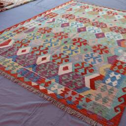 7x10 Afghan Kilim Rug Large Handmade Rug, Veg Dyes Wool Flatweave Rug, Oriental Bedroom Turquoise Blue Green Purple Red Beige Gray - thumbnail 2