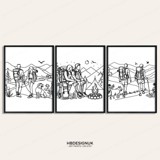 Minimal Hiking Wall Art - Set Of 3 Posters - Outdoor Prints Couple With Dog Monoline Forest Home Decor Hiker Nature Gifts - image 1
