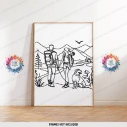 Minimal Hiking Wall Art - Set Of 3 Posters - Outdoor Prints Couple With Dog Monoline Forest Home Decor Hiker Nature Gifts - thumbnail 3