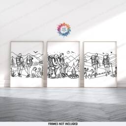 Minimal Hiking Wall Art - Set Of 3 Posters - Outdoor Prints Couple With Dog Monoline Forest Home Decor Hiker Nature Gifts - thumbnail 2
