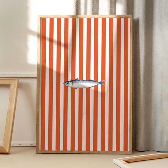 Orange Sardine Line Art Canvas Poster, Kitchen Wall Art, Bright Aesthetic Decor, Retro Home Printed Gift - image 1