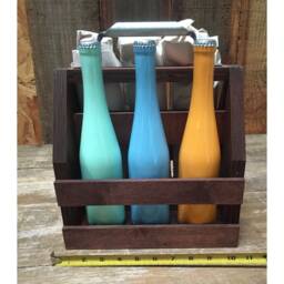 Rustic Wooden Wine Bottle Carrier Topiary Planter Box With Steel Handle - thumbnail 4