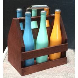 Rustic Wooden Wine Bottle Carrier Topiary Planter Box With Steel Handle - thumbnail 2