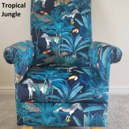 Tropical Jungle Velvet Fabric Adult Chair & Footstool Armchair Teal Blue Tigers Leopards Accent Botanical Nursery Statement Animals Pouffe - thumbnail 2