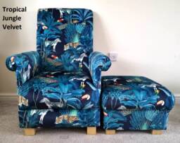 Tropical Jungle Velvet Fabric Adult Chair & Footstool Armchair Teal Blue Tigers Leopards Accent Botanical Nursery Statement Animals Pouffe - thumbnail 1
