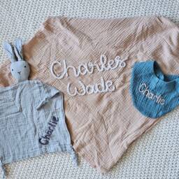 Custom Hand Embroidered Baby Swaddle - Organic Muslin, Personalized Gift - thumbnail 4