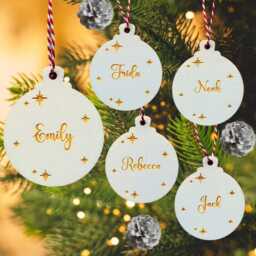Personalised Christmas Tree Bauble. Wooden Decoration - Add 1 Name On Front. 3mm Plywood With Twine - thumbnail 3