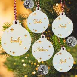Personalised Christmas Tree Bauble. Wooden Decoration - Add 1 Name On Front. 3mm Plywood With Twine - thumbnail 1