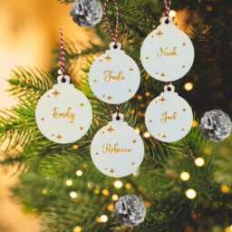 Personalised Christmas Tree Bauble. Wooden Decoration - Add 1 Name On Front. 3mm Plywood With Twine - thumbnail 2