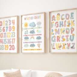Set Of 3 Pastel Educational Nursery Prints, Pink & Purple Weather Print, Alphabet Numbers Chart, Girl Decor, Playroom Prints - thumbnail 3