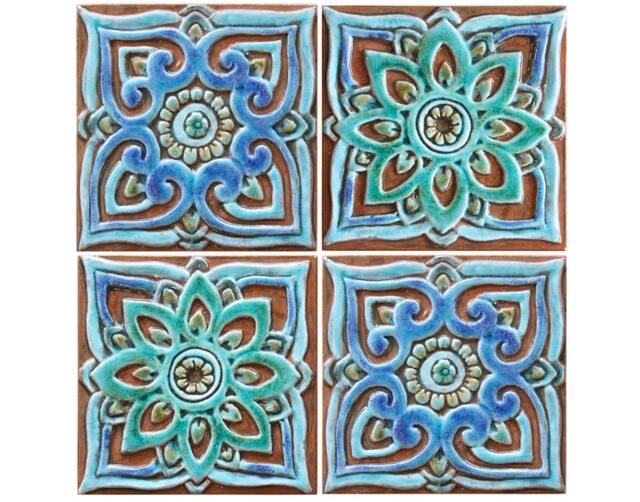 4 Mandalas Wall Art Tile For Patio Design, Decor Deep Relief Ceramic Tiles, Set Of Hangings, Mandala Mix 15cm Turquoise - image 1
