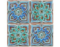 4 Mandalas Wall Art Tile For Patio Design, Decor Deep Relief Ceramic Tiles, Set Of Hangings, Mandala Mix 15cm Turquoise