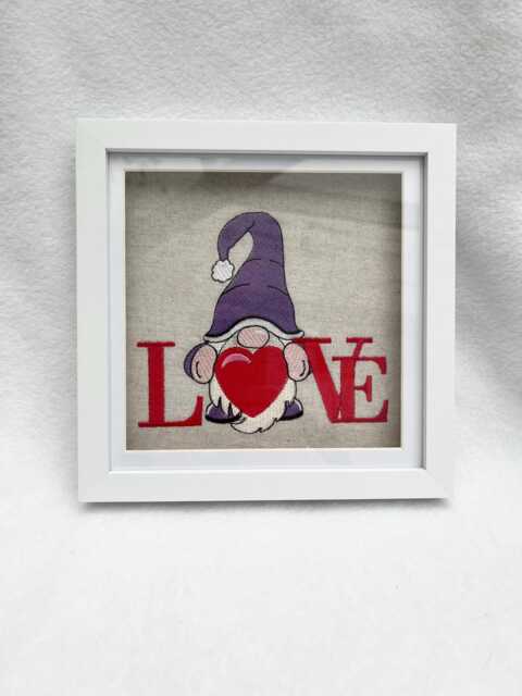 Gnome Love Decor Framed Embroidery, Valentine Wall Art, One Of A Kind Machine Embroidered Home - image 1