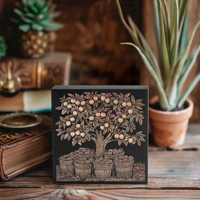 Georgia Peach Orchard Engraved Wood Wall Art Panel - Linocut Block Print Style Art, State Illustration, Farm Country Decor Gift - image 1