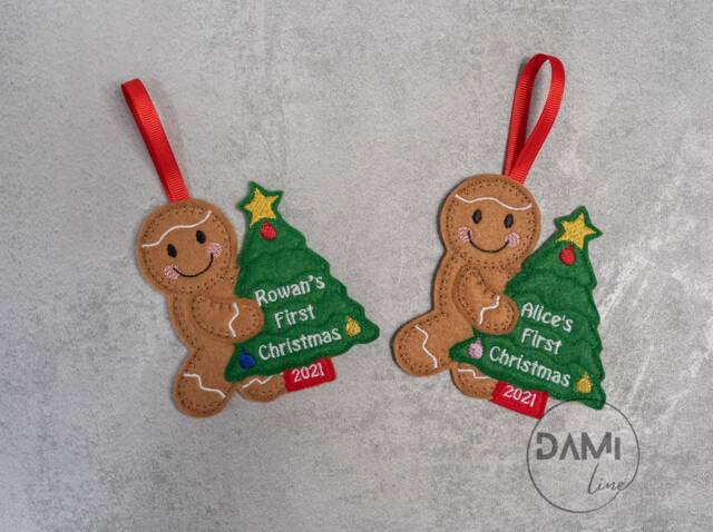 First Christmas Gingerbread Man Felt Hanging Tree Decoration, Handmade Ornament, Newborn Gift, Personalised Keepsake - image 1