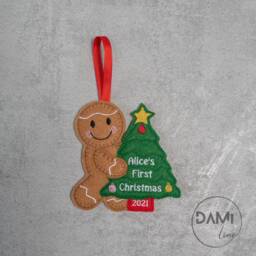 First Christmas Gingerbread Man Felt Hanging Tree Decoration, Handmade Ornament, Newborn Gift, Personalised Keepsake - thumbnail 2