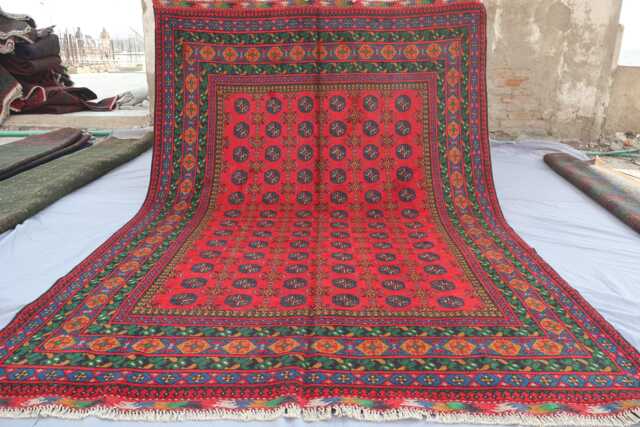 6'8x9'8 Ft Handmade Red Rug, Afghan Bukhara Tribal Veg Dyes Wool Area High Pile Soft Carpet, Oriental Turkmen Living Room Rug - image 1