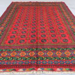 6'8x9'8 Ft Handmade Red Rug, Afghan Bukhara Tribal Veg Dyes Wool Area High Pile Soft Carpet, Oriental Turkmen Living Room Rug - thumbnail 3