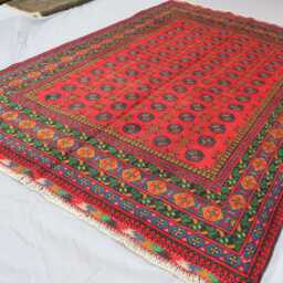 6'8x9'8 Ft Handmade Red Rug, Afghan Bukhara Tribal Veg Dyes Wool Area High Pile Soft Carpet, Oriental Turkmen Living Room Rug - thumbnail 2