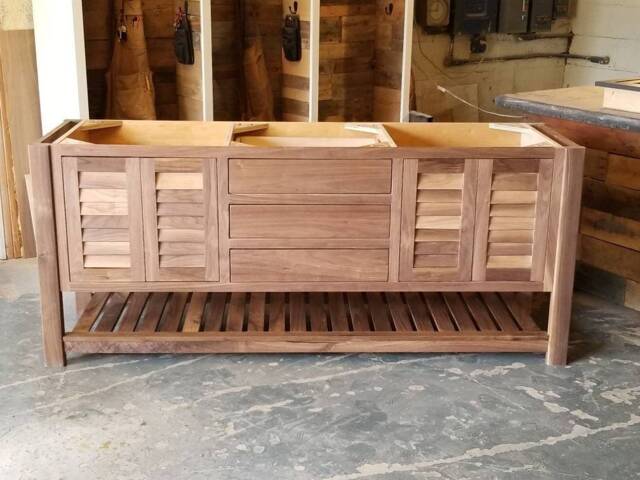 Custom Black Walnut Bathroom Vanity With Louvered Doors, Double Sink Base Cabinet - image 1