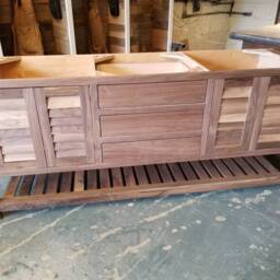 Custom Black Walnut Bathroom Vanity With Louvered Doors, Double Sink Base Cabinet - thumbnail 4