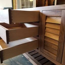 Custom Black Walnut Bathroom Vanity With Louvered Doors, Double Sink Base Cabinet - thumbnail 3