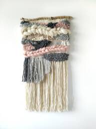 Handmade Woven Wall Hanging Gray & Pink Tapestry With Driftwood