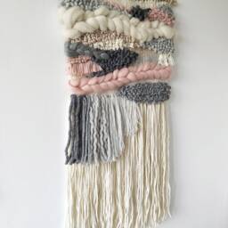 Handmade Woven Wall Hanging Gray & Pink Tapestry With Driftwood - thumbnail 4