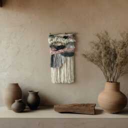 Handmade Woven Wall Hanging Gray & Pink Tapestry With Driftwood - thumbnail 2