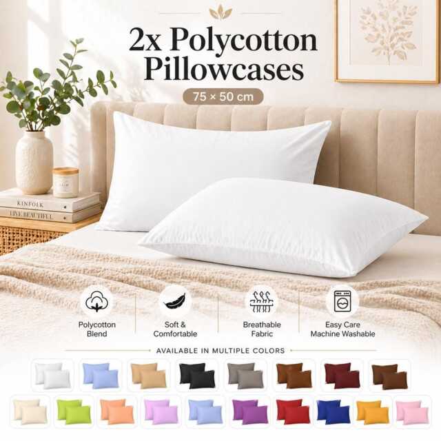 Polycotton Pair Of Pillowcase Plain Dyed Housewife Bed Pillow Cover Multi Colors 75x50cm - image 1