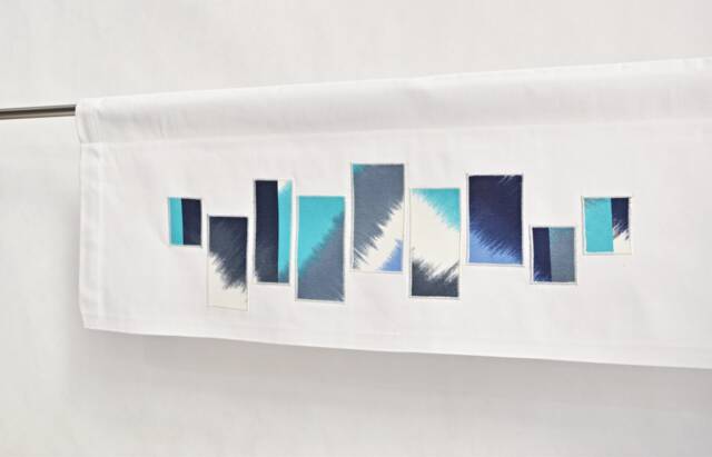 Bathroom Valance - Teal With White & Navy Rectangles, Modern Window Topper, Lake House Sea Nautical Coastal Valence, Custom Made - image 1