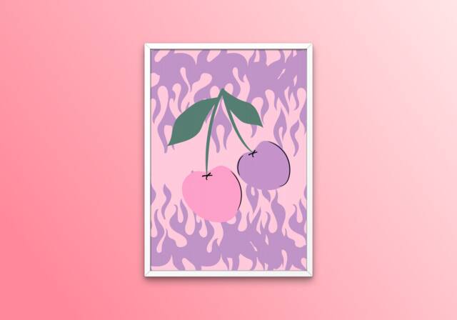 Y2K Cherries & Flames Print - Pastel Aesthetic, Purple & Pink, Groovy Funky Colourful Artwork, Festival Inspired Art, Trendy Poster - image 1