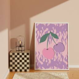 Y2K Cherries & Flames Print - Pastel Aesthetic, Purple & Pink, Groovy Funky Colourful Artwork, Festival Inspired Art, Trendy Poster - thumbnail 2