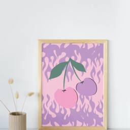 Y2K Cherries & Flames Print - Pastel Aesthetic, Purple & Pink, Groovy Funky Colourful Artwork, Festival Inspired Art, Trendy Poster - thumbnail 3