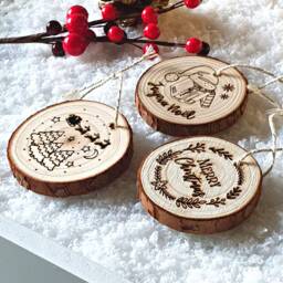 Set Of 3 Small Engraved Wooden Logs To Hang/Christmas/Winter Collection Merry Christmas Tree - thumbnail 2