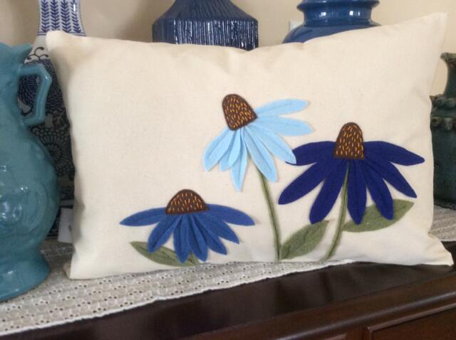 Blue Cone Flower Pillow Cover, Felt Floral Applique Throw, 3D Cushion, Summer Patch Accent - image 1