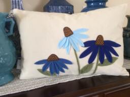 Blue Cone Flower Pillow Cover, Felt Floral Applique Throw, 3D Cushion, Summer Patch Accent - thumbnail 1