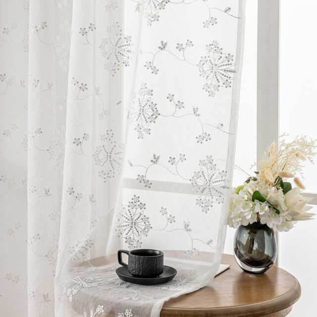 Custom White Sheer Curtain Flower Sequins Voile, Made To Measure - image 1
