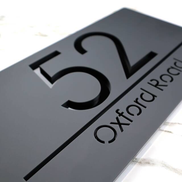 K Smart Sign - Bellissima H3 Laser Cut Matt Dark Gray Anthracite & Gloss Black Personalised Floating House Plaque 300mm X 160mm - image 1