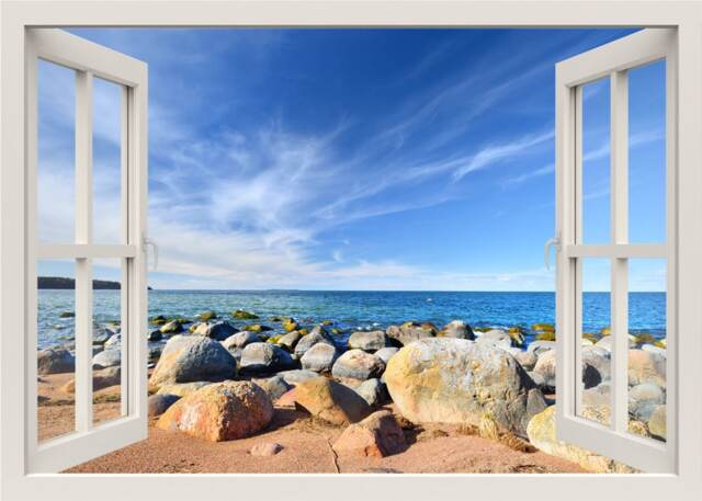 Sea Shore Wall Decal, Rocks At The Beach 3D Window Nature Frame, View Home Stones Mural