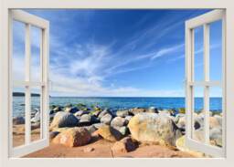 Sea Shore Wall Decal, Rocks At The Beach 3D Window Nature Frame, View Home Stones Mural