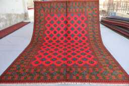 6'5x9'4 Red Area Rug, Green Brown Blue Afghan Hand Knotted Veg Dyes Soft Wool Turkmen Tribal Bukhara Oriental Living Room Rug - thumbnail 1