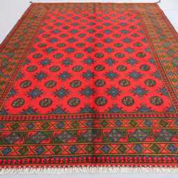 6'5x9'4 Red Area Rug, Green Brown Blue Afghan Hand Knotted Veg Dyes Soft Wool Turkmen Tribal Bukhara Oriental Living Room Rug - thumbnail 3