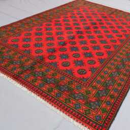 6'5x9'4 Red Area Rug, Green Brown Blue Afghan Hand Knotted Veg Dyes Soft Wool Turkmen Tribal Bukhara Oriental Living Room Rug - thumbnail 2